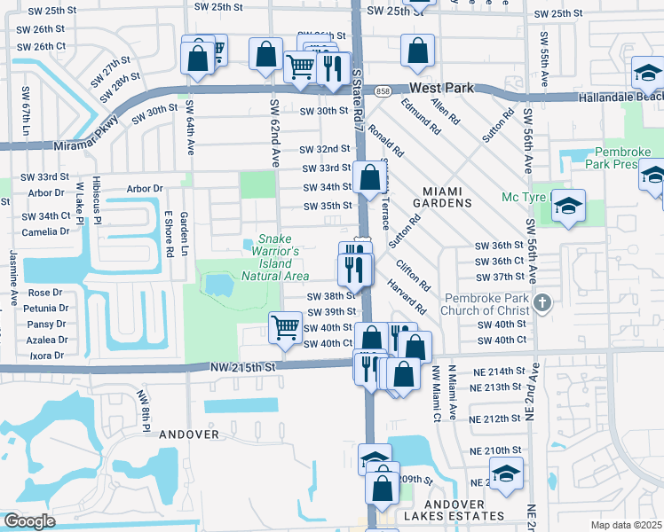 map of restaurants, bars, coffee shops, grocery stores, and more near 6034 Southwest 37th Street in Miramar