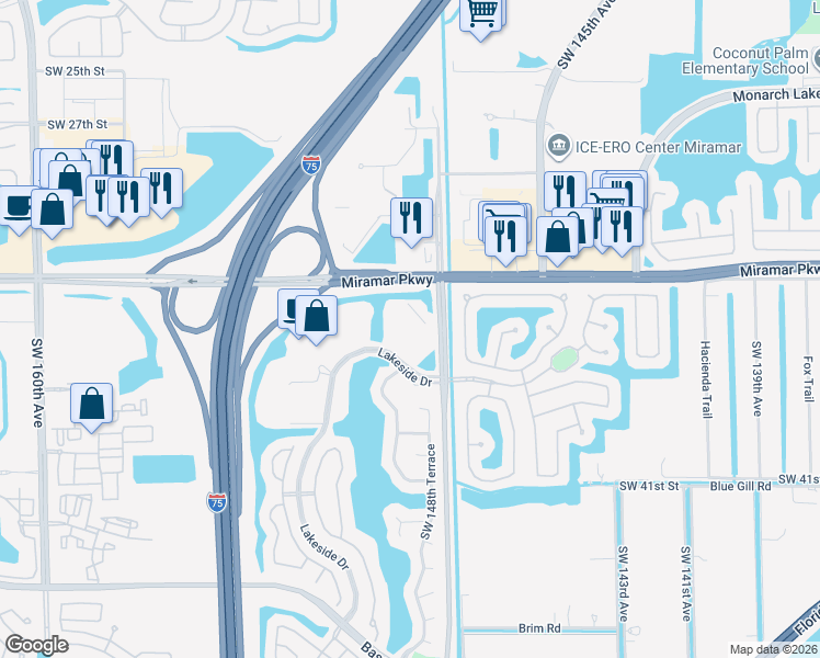 map of restaurants, bars, coffee shops, grocery stores, and more near 3350 Southwest 148th Avenue in Miramar