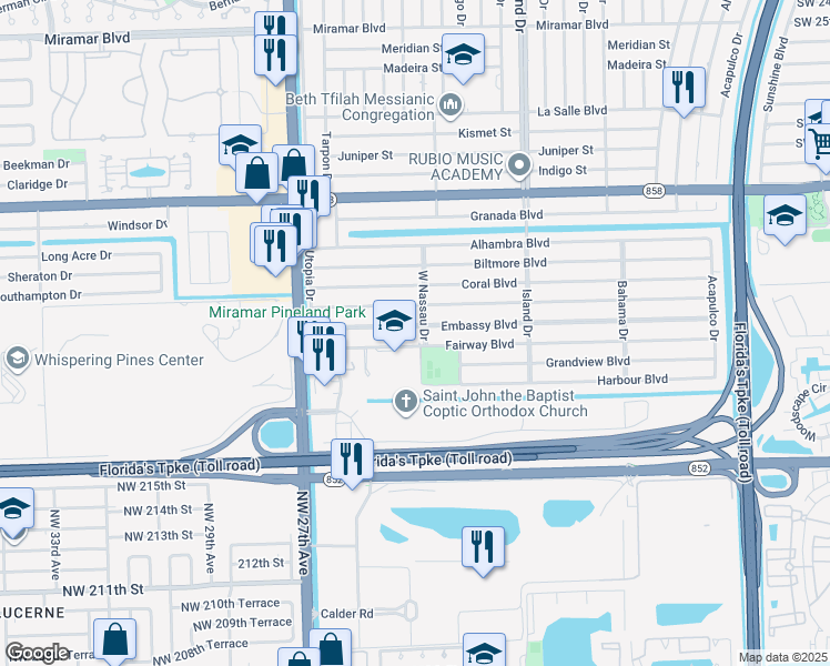 map of restaurants, bars, coffee shops, grocery stores, and more near 7812 Embassy Boulevard in Miramar