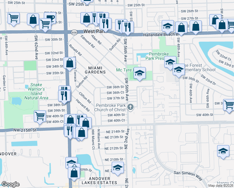 map of restaurants, bars, coffee shops, grocery stores, and more near 5614 Southwest 36th Court in West Park