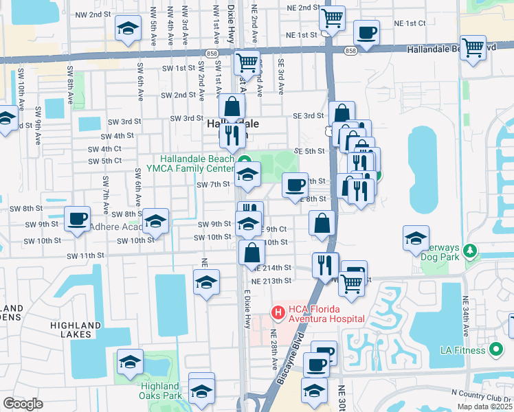 map of restaurants, bars, coffee shops, grocery stores, and more near 803 Southeast 2nd Avenue in Hallandale Beach