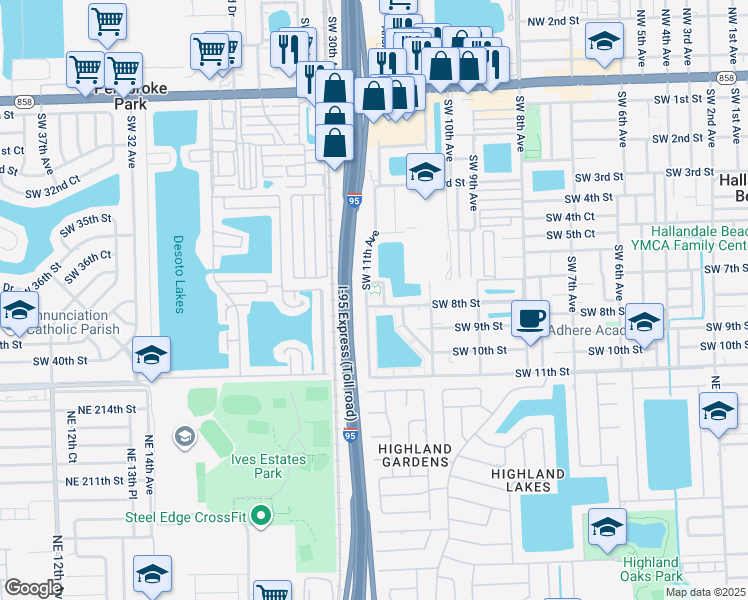 map of restaurants, bars, coffee shops, grocery stores, and more near 900 Southwest 11th Avenue in Hallandale Beach