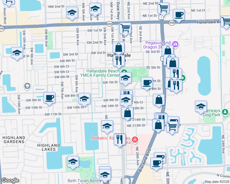 map of restaurants, bars, coffee shops, grocery stores, and more near 103 Southwest 8th Street in Hallandale Beach