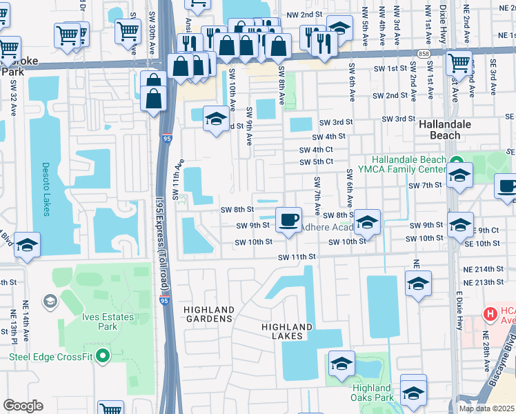 map of restaurants, bars, coffee shops, grocery stores, and more near 17a Southwest 9th Avenue in Hallandale Beach