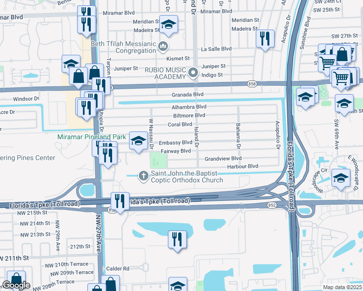 map of restaurants, bars, coffee shops, grocery stores, and more near 7732 Embassy Boulevard in Miramar