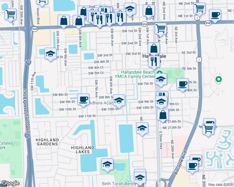map of restaurants, bars, coffee shops, grocery stores, and more near 719 Southwest 6th Avenue in Hallandale Beach