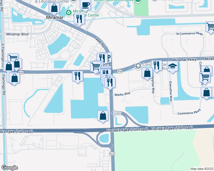 map of restaurants, bars, coffee shops, grocery stores, and more near 3487 Southwest 111A in Miramar