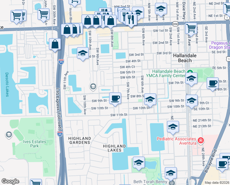 map of restaurants, bars, coffee shops, grocery stores, and more near 6a Southwest 9th Avenue in Hallandale Beach