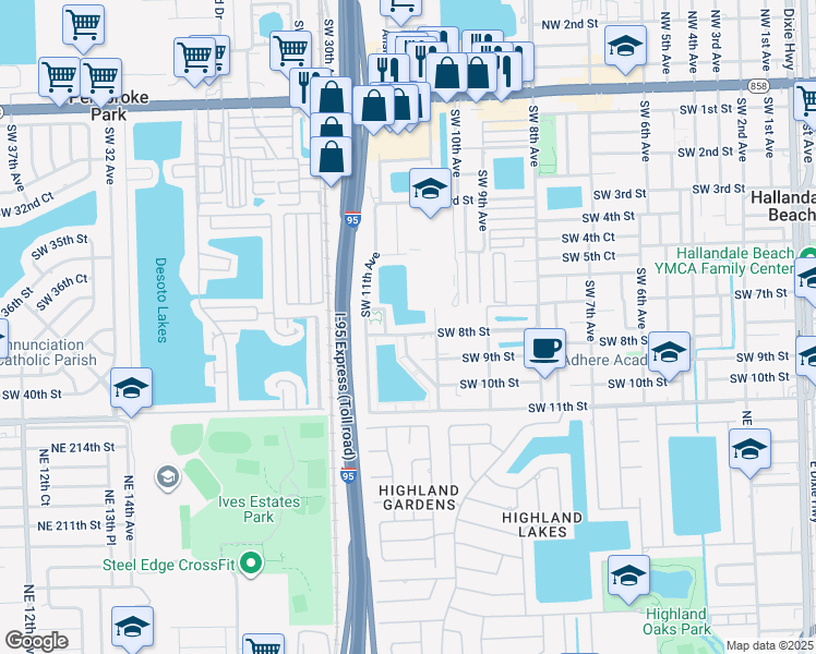 map of restaurants, bars, coffee shops, grocery stores, and more near 1008 Southwest 8th Street in Hallandale Beach
