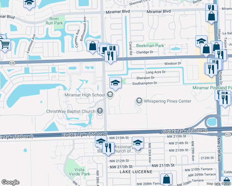 map of restaurants, bars, coffee shops, grocery stores, and more near 3601 Southwest 89th Avenue in Miramar