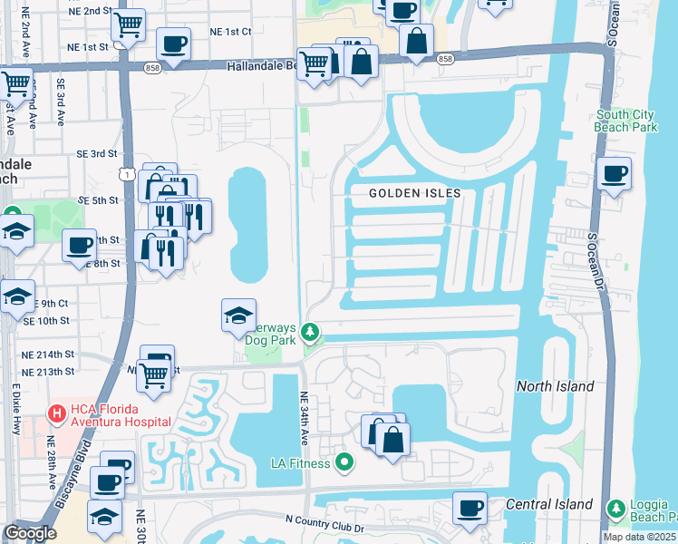 map of restaurants, bars, coffee shops, grocery stores, and more near 471 Alamanda Drive in Hallandale Beach