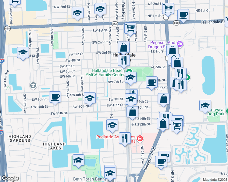 map of restaurants, bars, coffee shops, grocery stores, and more near 103 Southwest 8th Street in Hallandale Beach