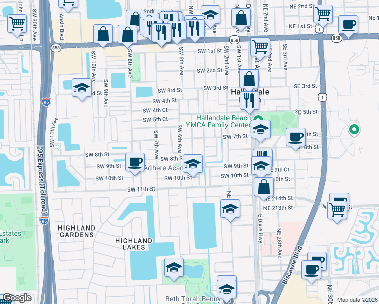 map of restaurants, bars, coffee shops, grocery stores, and more near 719 Southwest 6th Avenue in Hallandale Beach