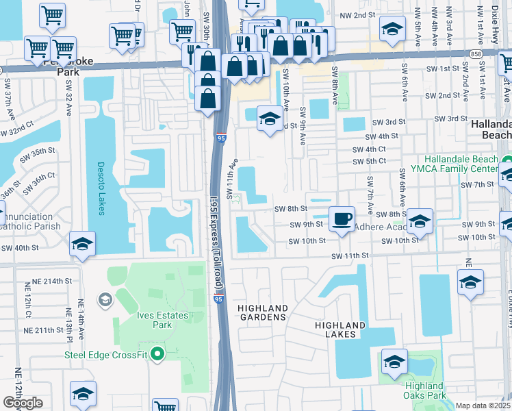 map of restaurants, bars, coffee shops, grocery stores, and more near 1008 Southwest 8th Street in Hallandale Beach
