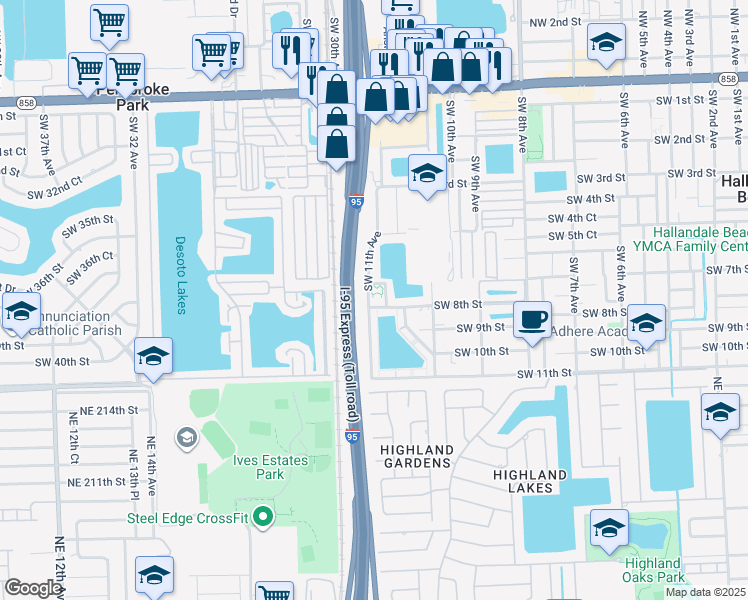 map of restaurants, bars, coffee shops, grocery stores, and more near 741 Southwest 7th Street in Hallandale Beach