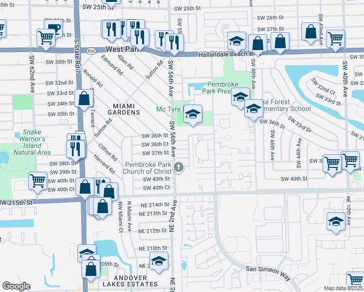 map of restaurants, bars, coffee shops, grocery stores, and more near 5500 Southwest 36th Street in West Park