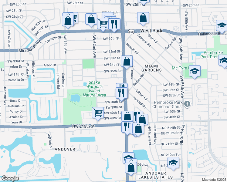 map of restaurants, bars, coffee shops, grocery stores, and more near 6034 Southwest 37th Street in Miramar