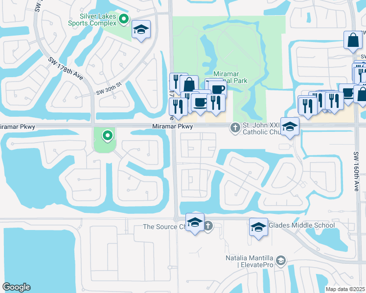 map of restaurants, bars, coffee shops, grocery stores, and more near 3420 Southwest 171st Avenue in Miramar