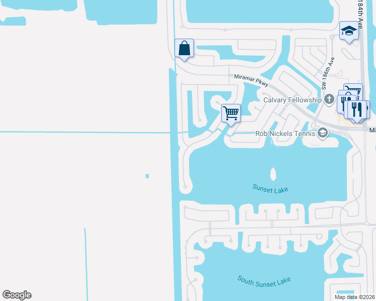 map of restaurants, bars, coffee shops, grocery stores, and more near 3410 Southwest 195th Avenue in Miramar