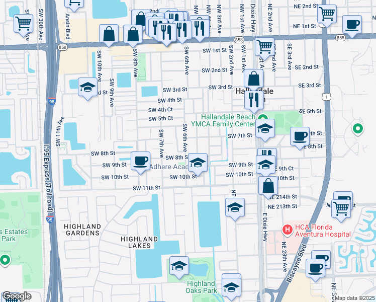 map of restaurants, bars, coffee shops, grocery stores, and more near 719 Southwest 6th Avenue in Hallandale Beach
