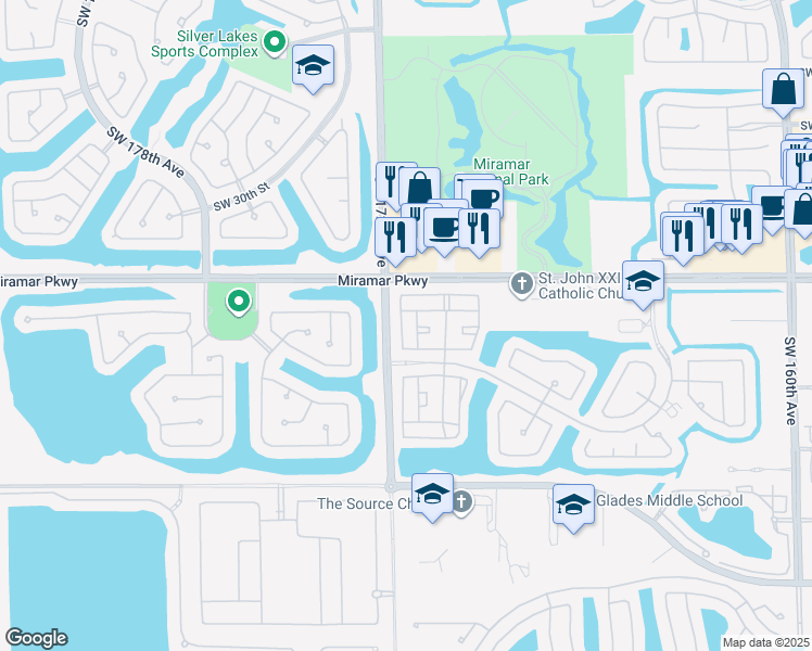 map of restaurants, bars, coffee shops, grocery stores, and more near 3420 Southwest 171st Avenue in Miramar