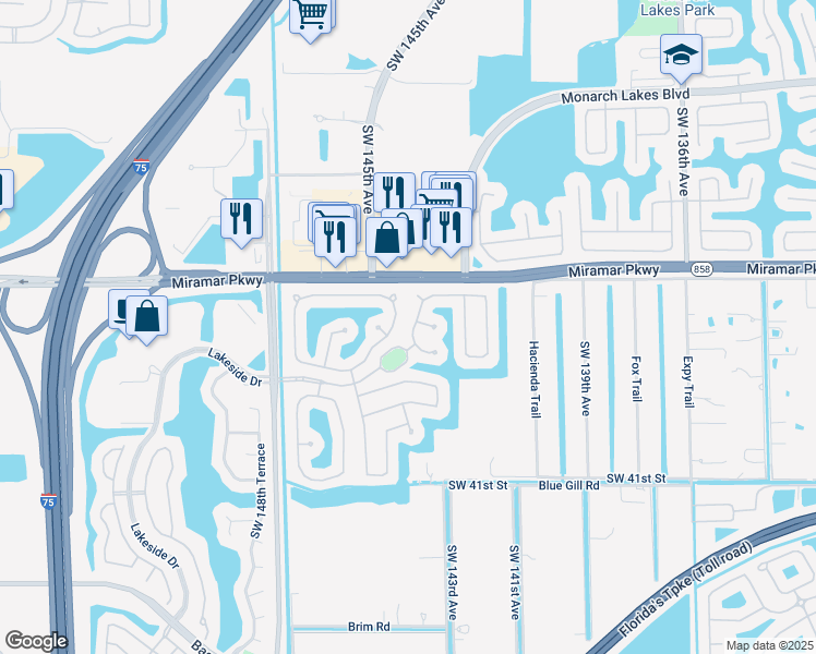 map of restaurants, bars, coffee shops, grocery stores, and more near 3520 Southwest 144th Avenue in Miramar