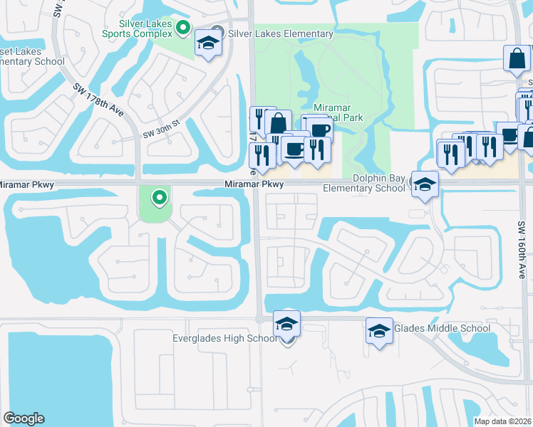 map of restaurants, bars, coffee shops, grocery stores, and more near 3420 Southwest 171st Avenue in Miramar