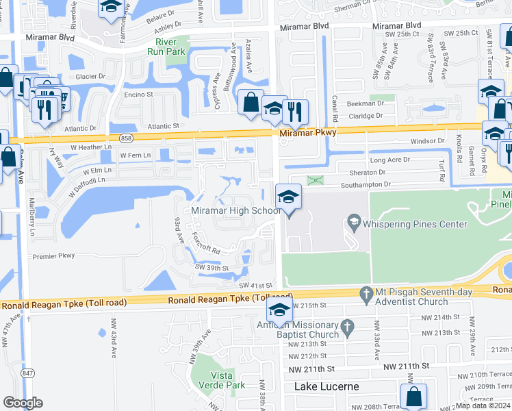 map of restaurants, bars, coffee shops, grocery stores, and more near 3535 Southwest 90th Avenue in Miramar