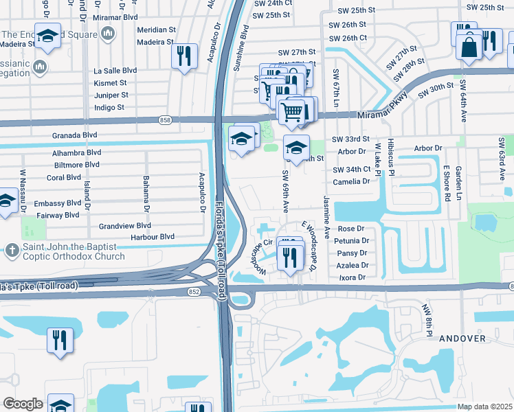 map of restaurants, bars, coffee shops, grocery stores, and more near 3598 Southwest 69th Way in Miramar