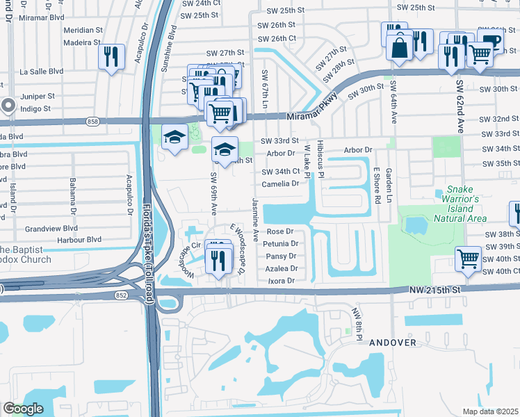 map of restaurants, bars, coffee shops, grocery stores, and more near 3613 SW 68th Ave in Miramar