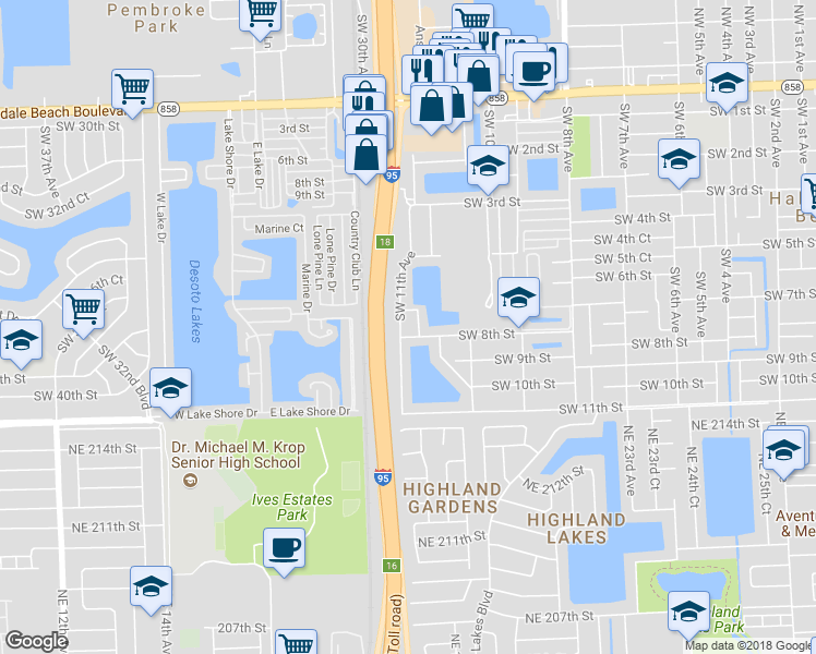map of restaurants, bars, coffee shops, grocery stores, and more near 1015 Southwest 11th Avenue in Hallandale Beach