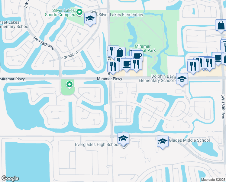 map of restaurants, bars, coffee shops, grocery stores, and more near 3428 Southwest 171st Terrace in Miramar