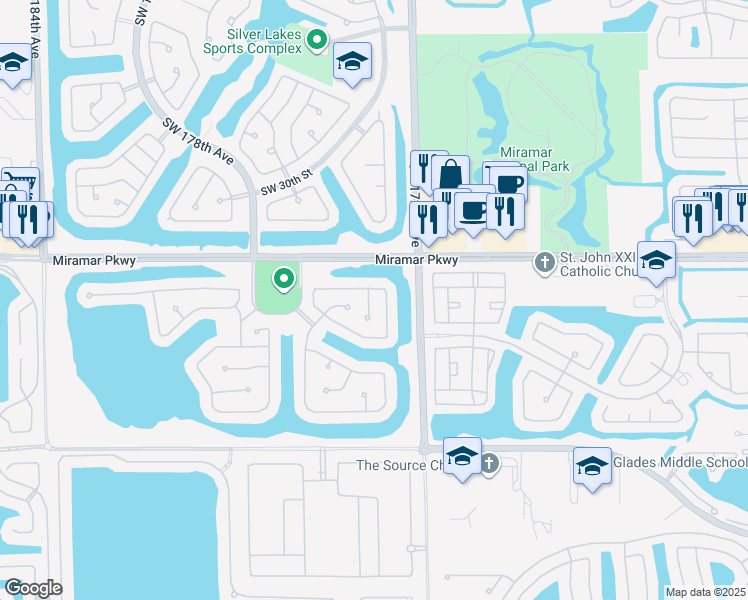 map of restaurants, bars, coffee shops, grocery stores, and more near 3325 Southwest 173rd Way in Miramar
