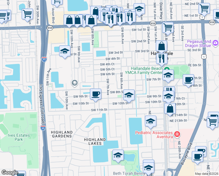 map of restaurants, bars, coffee shops, grocery stores, and more near 635 Southwest 7th Court in Hallandale Beach