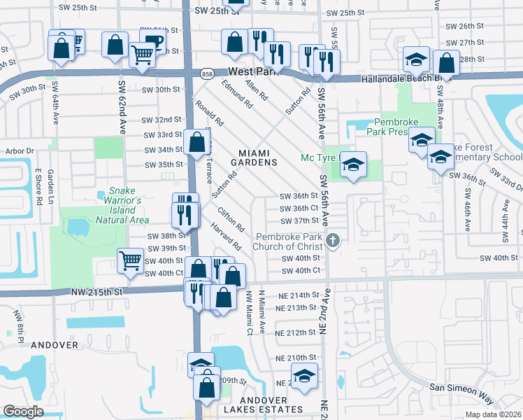 map of restaurants, bars, coffee shops, grocery stores, and more near 3614 Southwest 58th Avenue in West Park