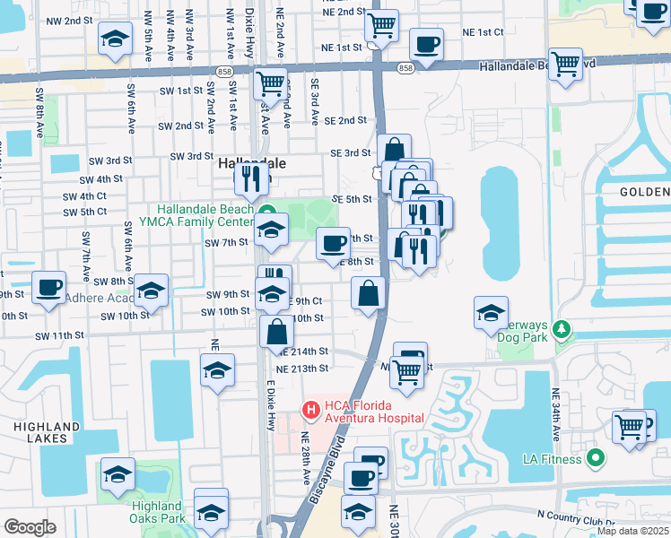 map of restaurants, bars, coffee shops, grocery stores, and more near 220 Southeast 8th Street in Hallandale Beach