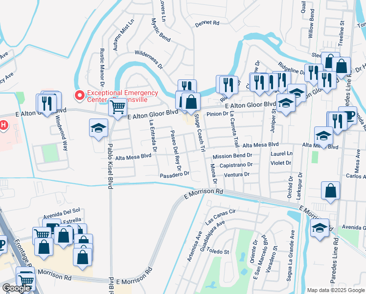 map of restaurants, bars, coffee shops, grocery stores, and more near 4925 Camino Verde Drive in Brownsville