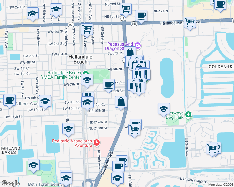 map of restaurants, bars, coffee shops, grocery stores, and more near 418 Southeast 8th Street in Hallandale Beach