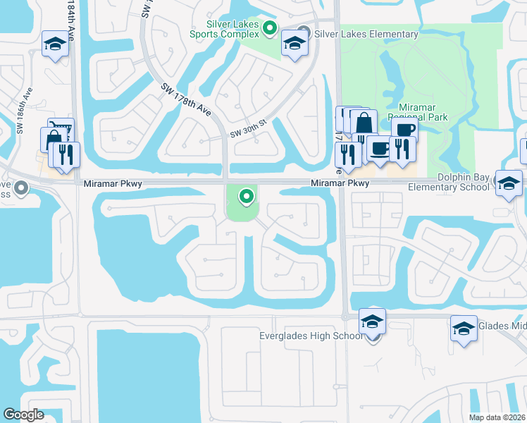 map of restaurants, bars, coffee shops, grocery stores, and more near 3338 Southwest 175th Terrace in Miramar