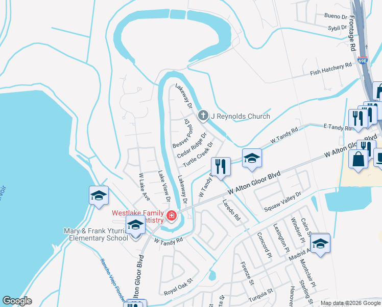 map of restaurants, bars, coffee shops, grocery stores, and more near 1283 Cedar Ridge Dr in Brownsville