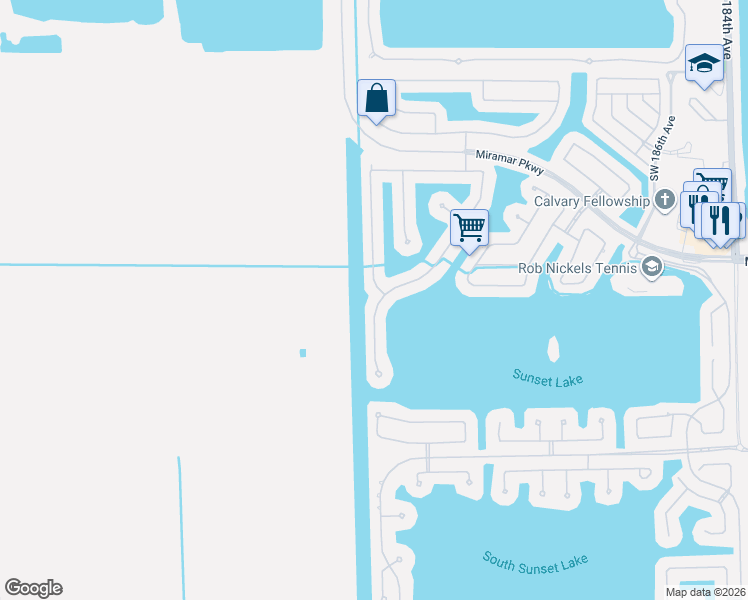 map of restaurants, bars, coffee shops, grocery stores, and more near 3410 Southwest 195th Avenue in Miramar