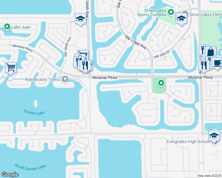 map of restaurants, bars, coffee shops, grocery stores, and more near 18222 Southwest 33rd Street in Miramar