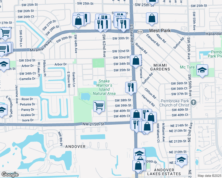 map of restaurants, bars, coffee shops, grocery stores, and more near 6117 Southwest 37th Street in Miramar