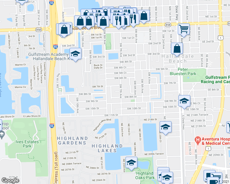 map of restaurants, bars, coffee shops, grocery stores, and more near 729 Southwest 7th Court in Hallandale Beach