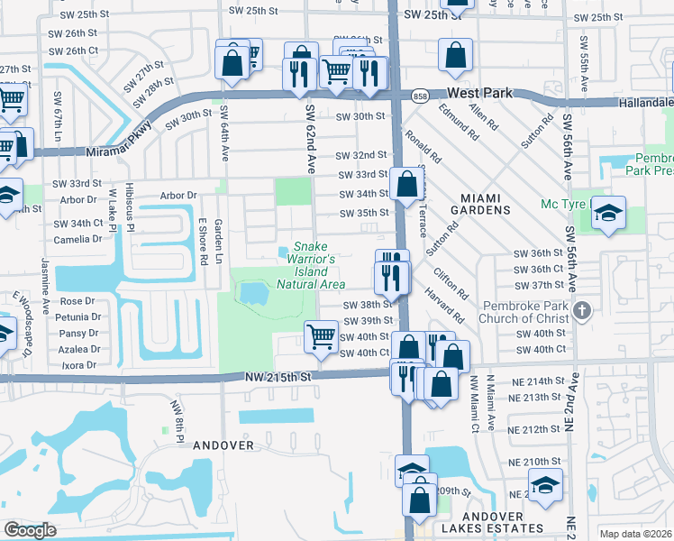 map of restaurants, bars, coffee shops, grocery stores, and more near 6117 Southwest 37th Street in Miramar