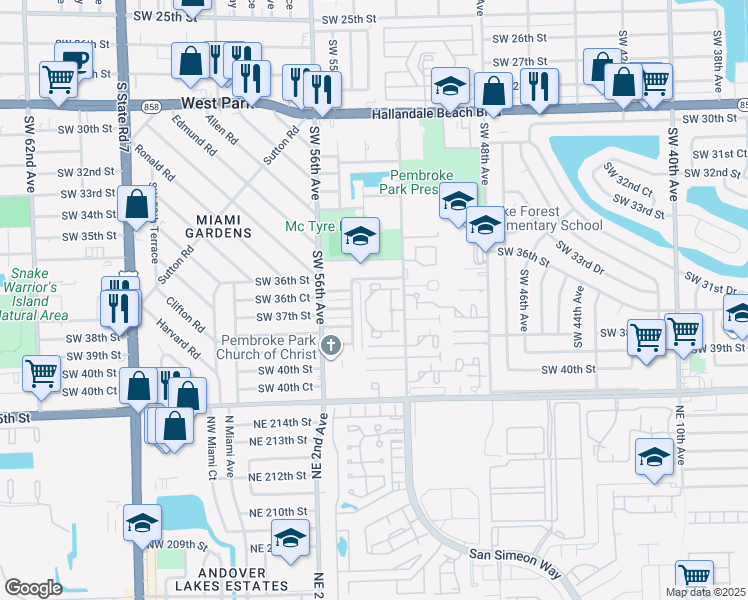 map of restaurants, bars, coffee shops, grocery stores, and more near 3710 Southwest 52nd Avenue in Pembroke Park