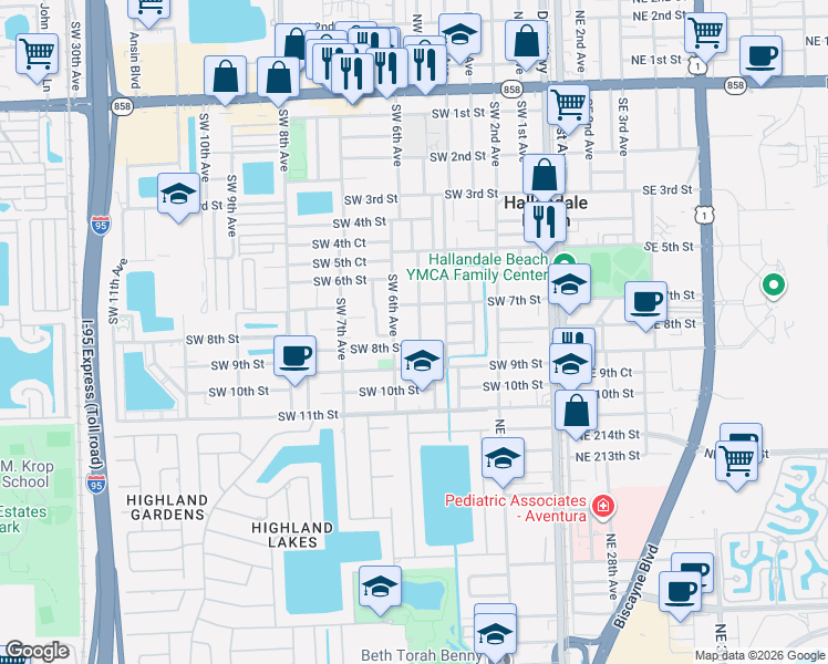 map of restaurants, bars, coffee shops, grocery stores, and more near 719 Southwest 6th Avenue in Hallandale Beach