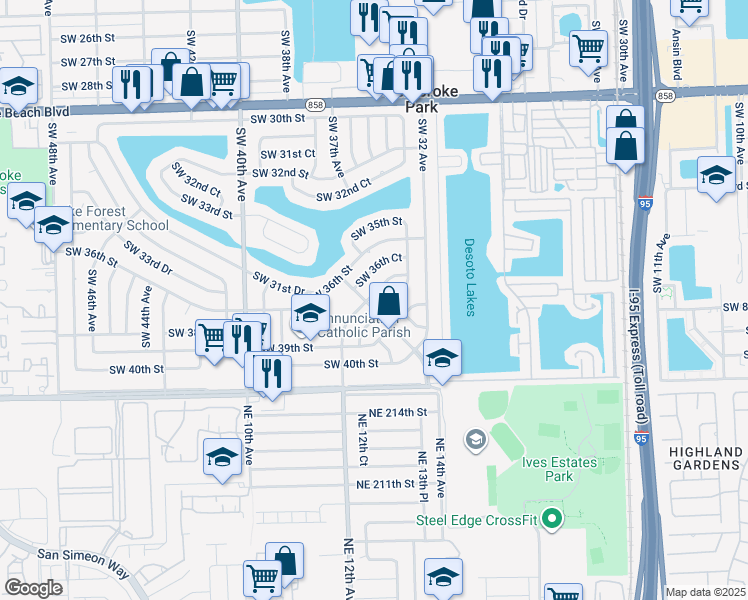 map of restaurants, bars, coffee shops, grocery stores, and more near 3680 Southwest 32nd Boulevard in West Park