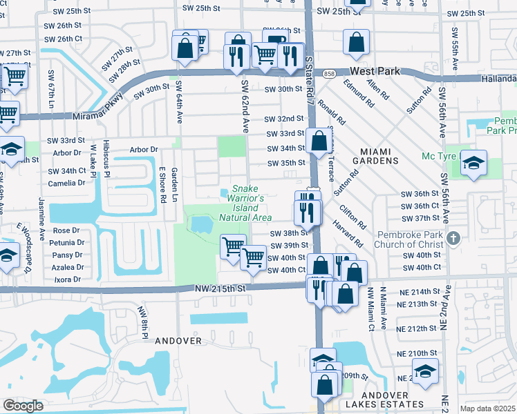 map of restaurants, bars, coffee shops, grocery stores, and more near 6117 Southwest 37th Street in Miramar
