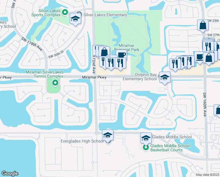 map of restaurants, bars, coffee shops, grocery stores, and more near 3430 Southwest 170th Avenue in Miramar